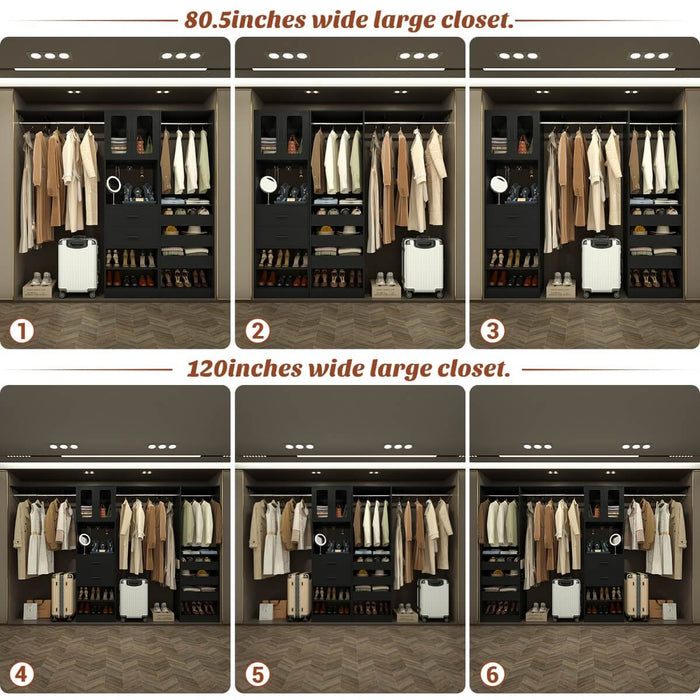 120 inch Closet System with 2 Sets, with 5 Drawers, 3 Hanging Rods, Reversible