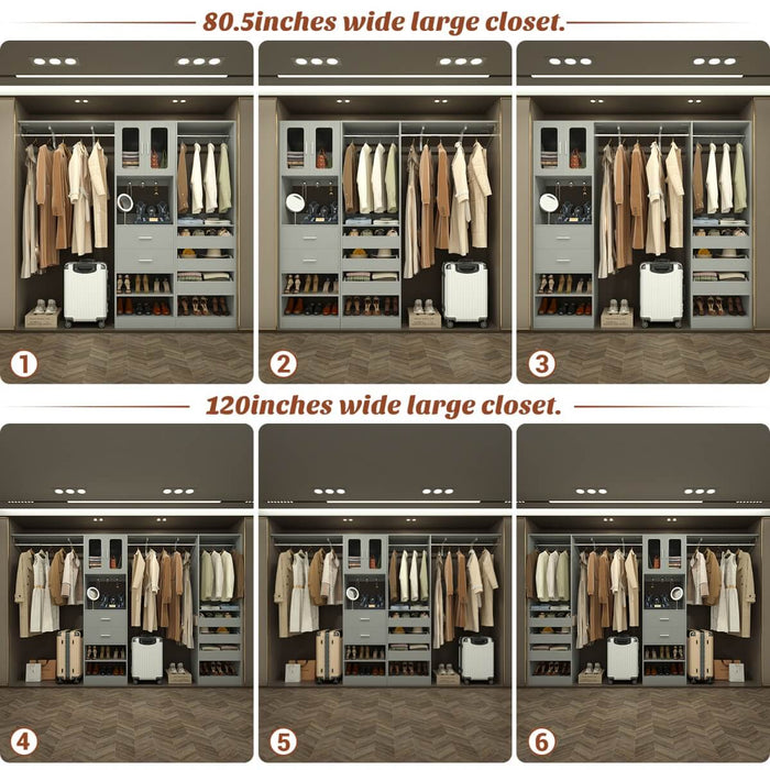 120 inch Closet System with 2 Sets, with 5 Drawers, 3 Hanging Rods, Reversible
