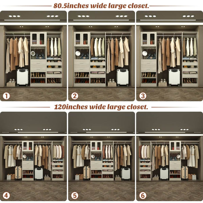 120 inch Closet System with 2 Sets, with 5 Drawers, 3 Hanging Rods, Reversible