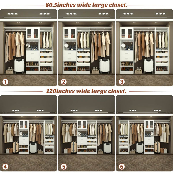 120 inch Closet System with 2 Sets, with 5 Drawers, 3 Hanging Rods, Reversible