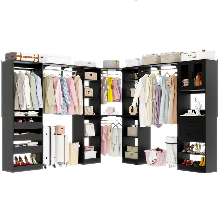 100-inch Walk-in Closet System with 3 Sets, Wardrobe with Corner, Drawers & Hanging Rods