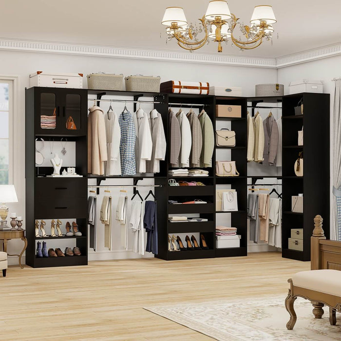 100-inch Walk-in Closet System with 3 Sets, Wardrobe with Corner, Drawers & Hanging Rods
