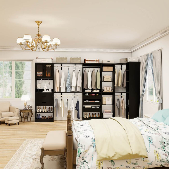 100-inch Walk-in Closet System with 3 Sets, Wardrobe with Corner, Drawers & Hanging Rods