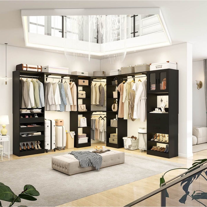 100-inch Walk-in Closet System with 3 Sets, Wardrobe with Corner, Drawers & Hanging Rods