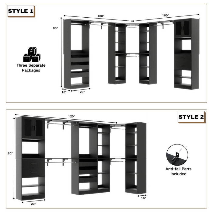 100-inch Walk-in Closet System with 3 Sets, Wardrobe with Corner, Drawers & Hanging Rods