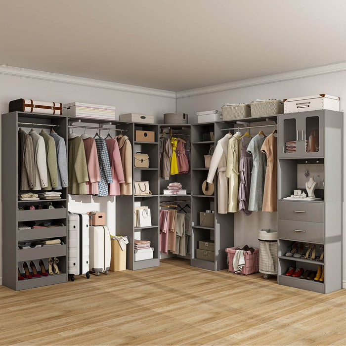 100-inch Walk-in Closet System with 3 Sets, Wardrobe with Corner, Drawers & Hanging Rods
