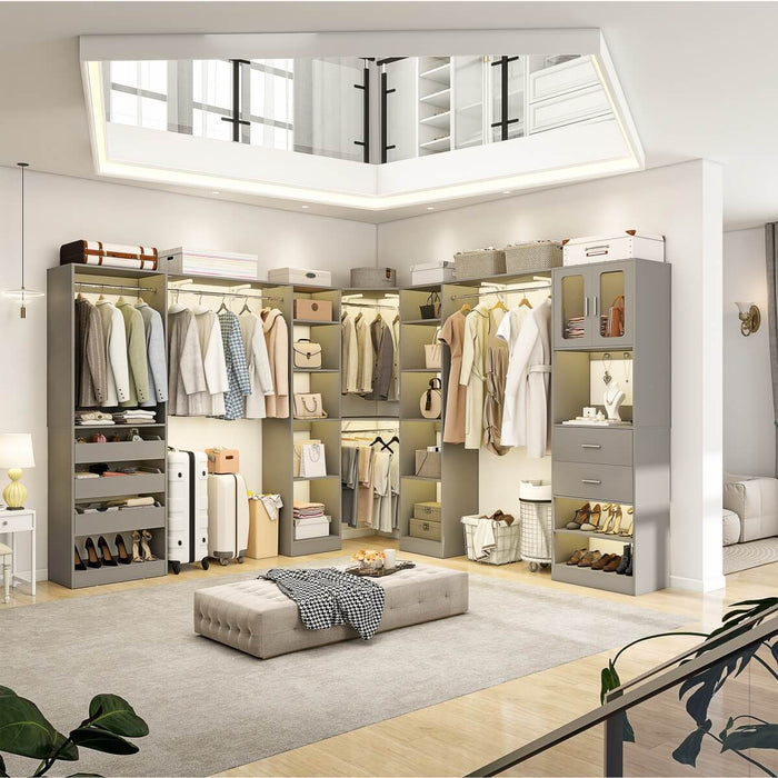 100-inch Walk-in Closet System with 3 Sets, Wardrobe with Corner, Drawers & Hanging Rods