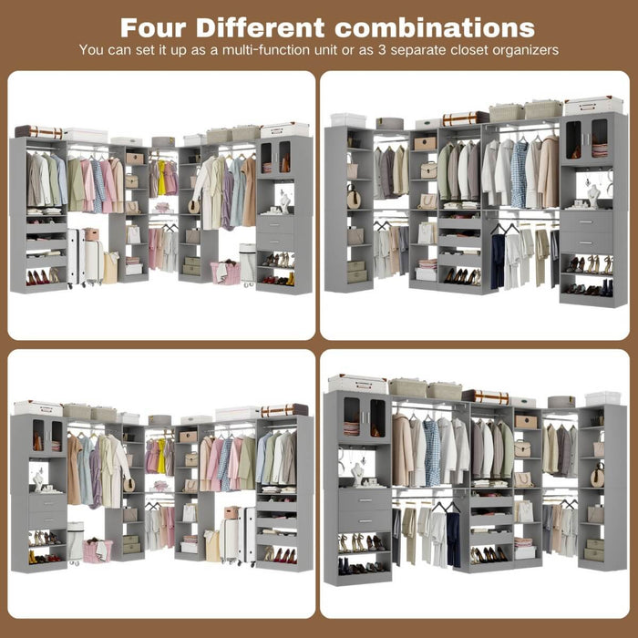 100-inch Walk-in Closet System with 3 Sets, Wardrobe with Corner, Drawers & Hanging Rods