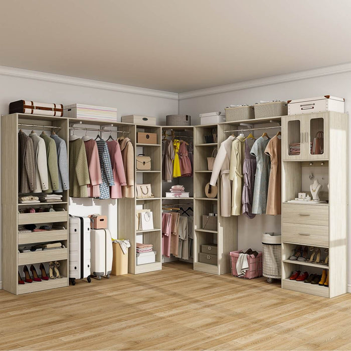 100-inch Walk-in Closet System with 3 Sets, Wardrobe with Corner, Drawers & Hanging Rods