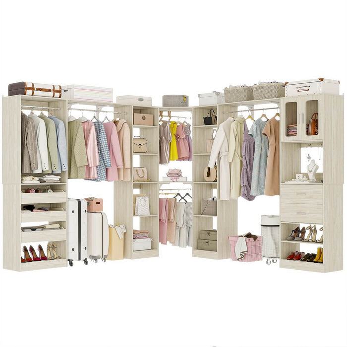 100-inch Walk-in Closet System with 3 Sets, Wardrobe with Corner, Drawers & Hanging Rods