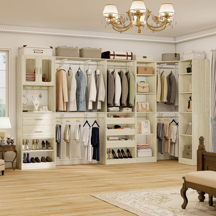 100-inch Walk-in Closet System with 3 Sets, Wardrobe with Corner, Drawers & Hanging Rods
