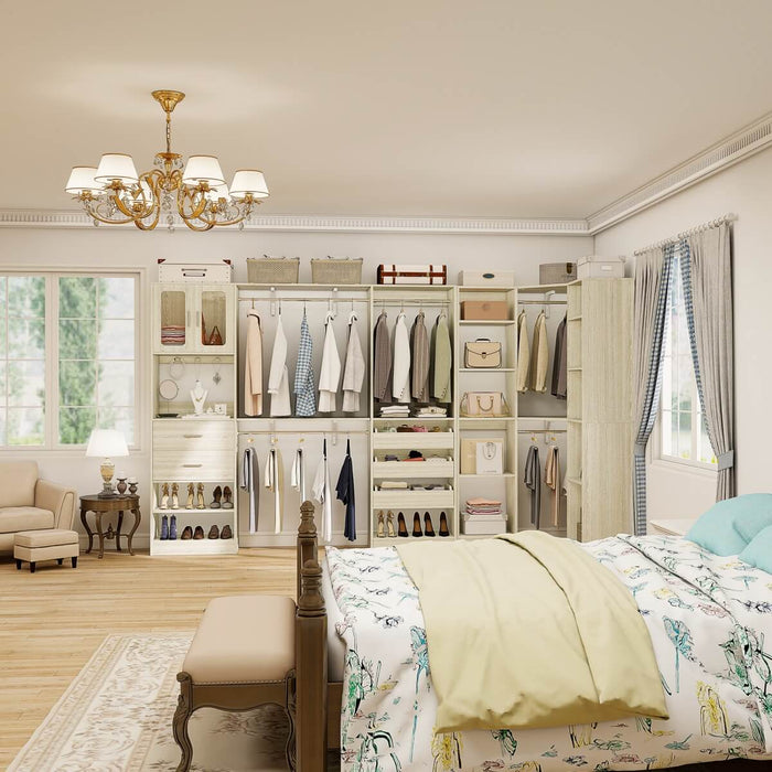 100-inch Walk-in Closet System with 3 Sets, Wardrobe with Corner, Drawers & Hanging Rods