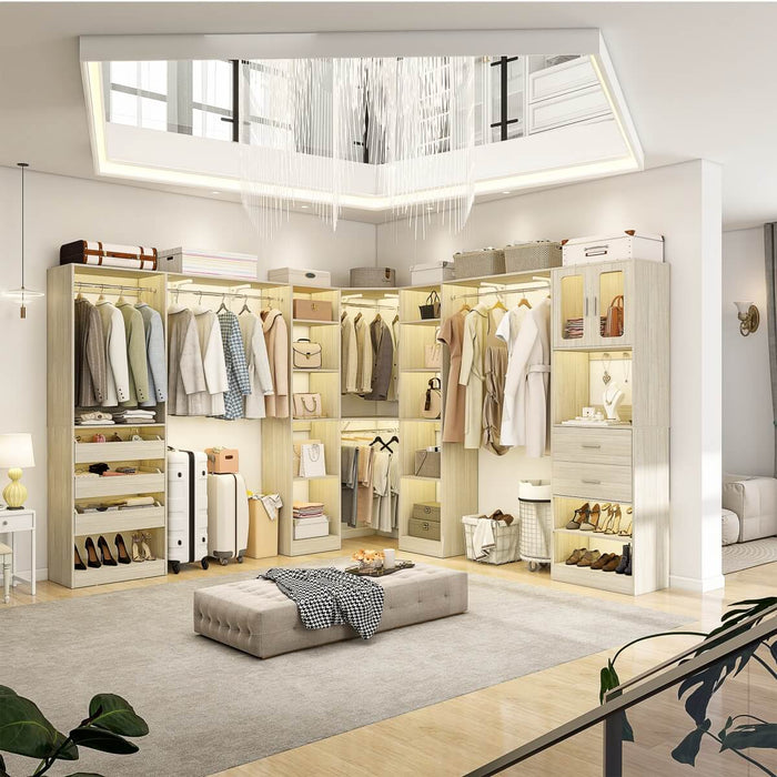 100-inch Walk-in Closet System with 3 Sets, Wardrobe with Corner, Drawers & Hanging Rods