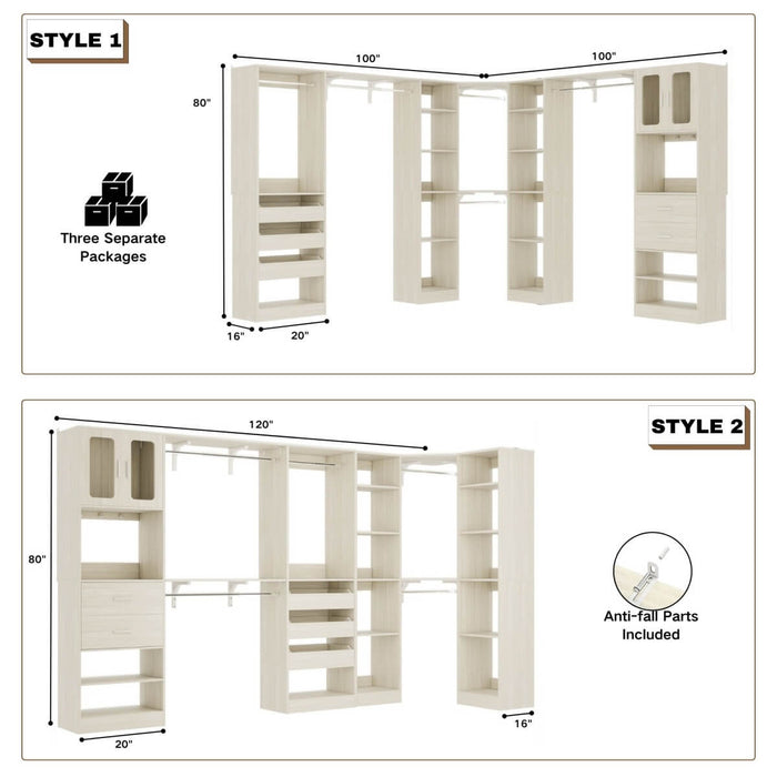 100-inch Walk-in Closet System with 3 Sets, Wardrobe with Corner, Drawers & Hanging Rods