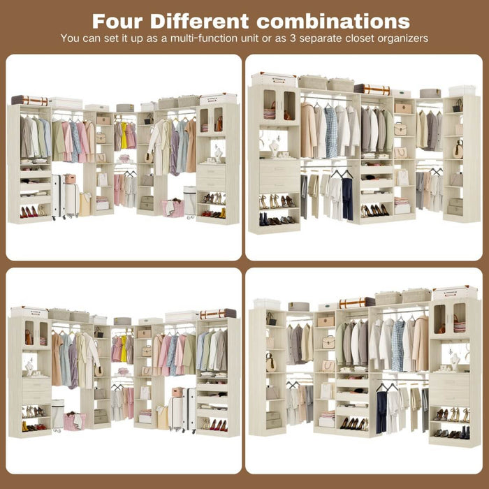 100-inch Walk-in Closet System with 3 Sets, Wardrobe with Corner, Drawers & Hanging Rods