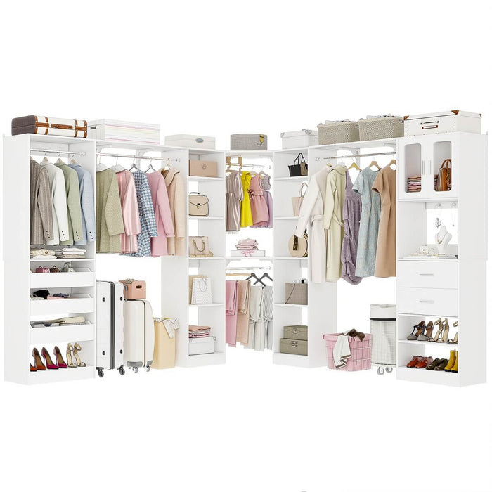 100-inch Walk-in Closet System with 3 Sets, Wardrobe with Corner, Drawers & Hanging Rods