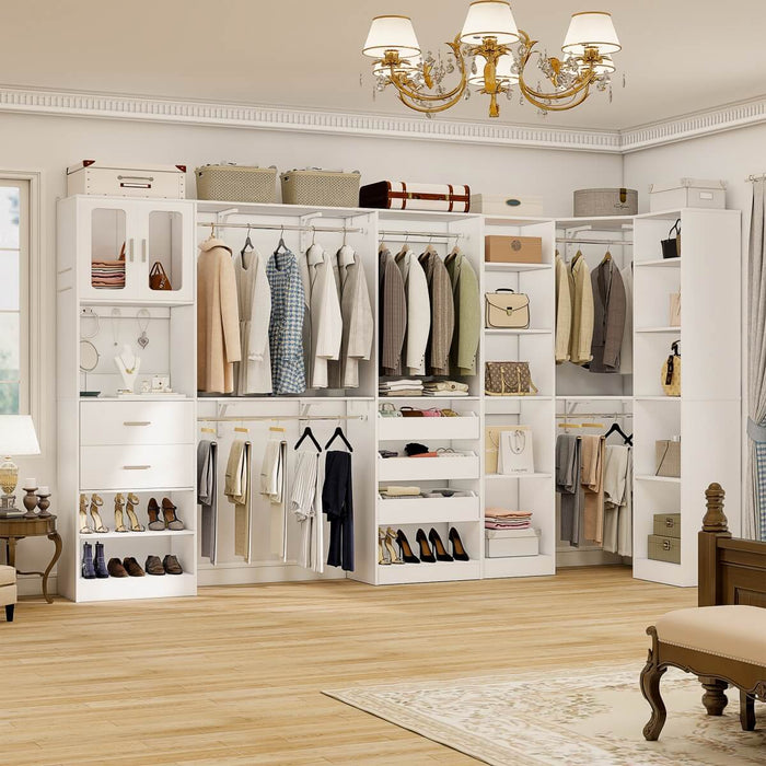 100-inch Walk-in Closet System with 3 Sets, Wardrobe with Corner, Drawers & Hanging Rods