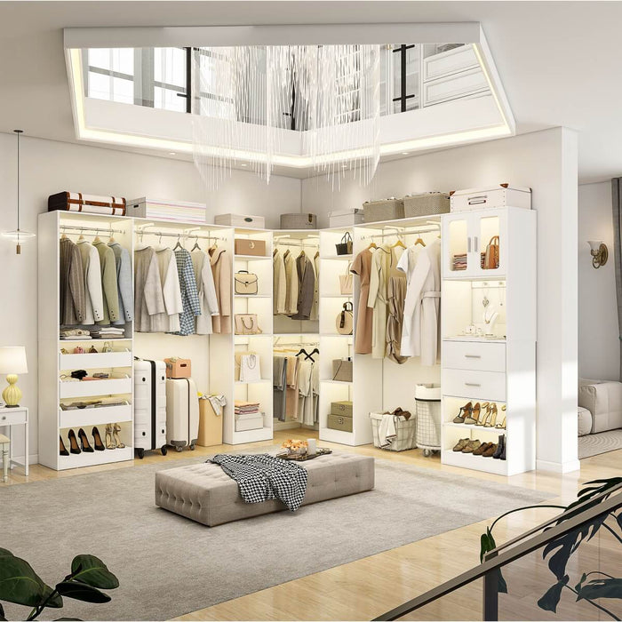 100-inch Walk-in Closet System with 3 Sets, Wardrobe with Corner, Drawers & Hanging Rods