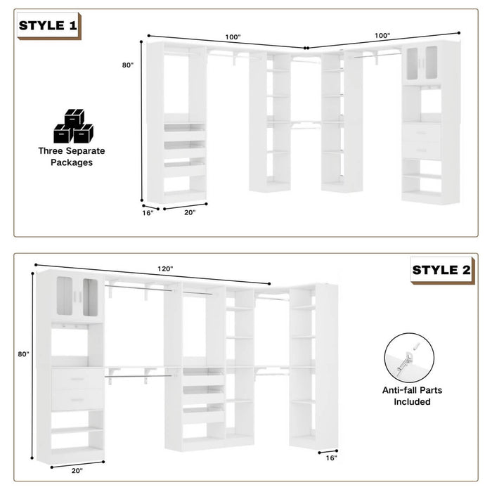 100-inch Walk-in Closet System with 3 Sets, Wardrobe with Corner, Drawers & Hanging Rods