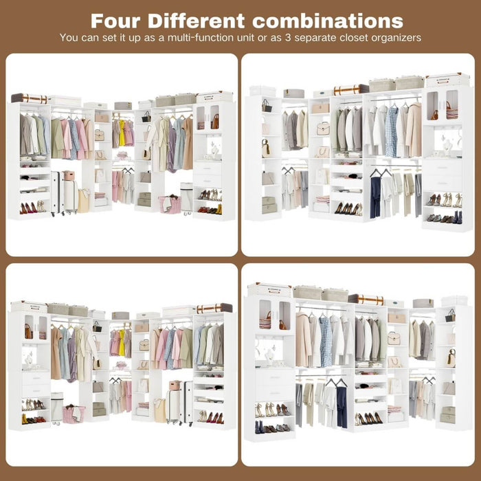 100-inch Walk-in Closet System with 3 Sets, Wardrobe with Corner, Drawers & Hanging Rods