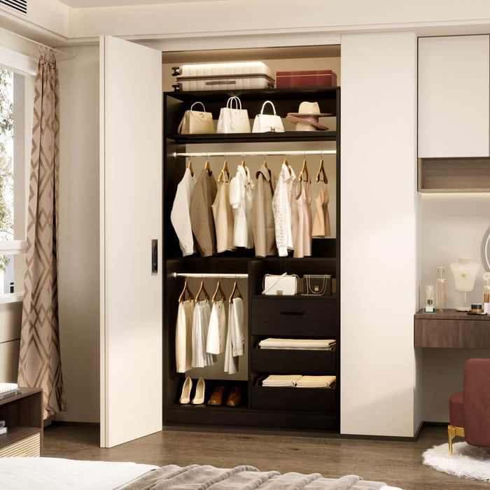 Walk-in Closet System with 3 Wooden Drawers & 2 Hanging Rods, 36"L x 80"H x 16"W