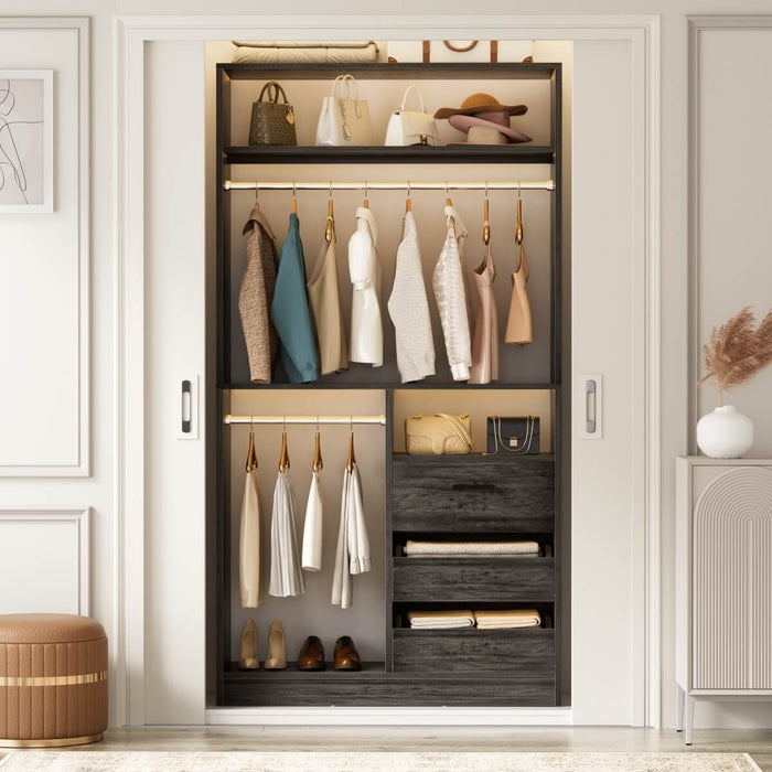 Walk-in Closet System with 3 Wooden Drawers & 2 Hanging Rods, 36"L x 80"H x 16"W