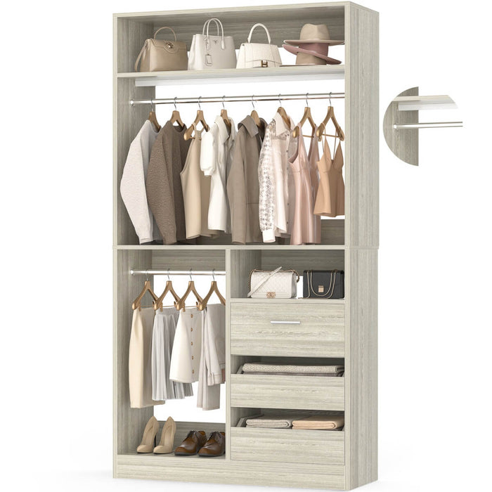 Walk-in Closet System with 3 Wooden Drawers & 2 Hanging Rods, 36"L x 80"H x 16"W