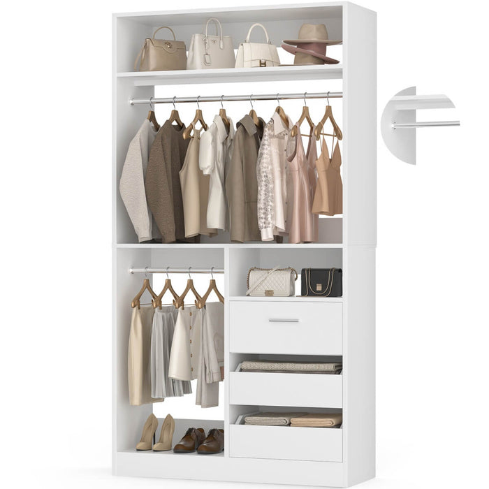 Walk-in Closet System with 3 Wooden Drawers & 2 Hanging Rods, 36"L x 80"H x 16"W