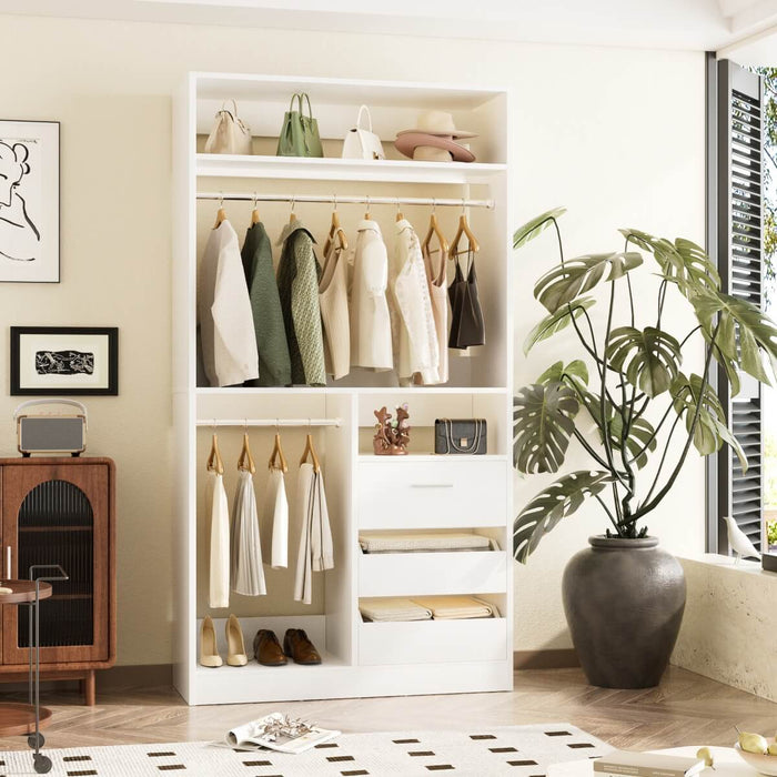Walk-in Closet System with 3 Wooden Drawers & 2 Hanging Rods, 36"L x 80"H x 16"W