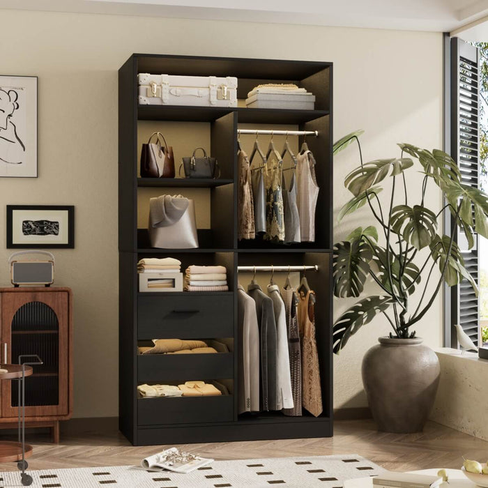 36'' Walk in Closet System with 3 Drawers, Hanging Rod & Storage Shelves, for Bedroom & Closets