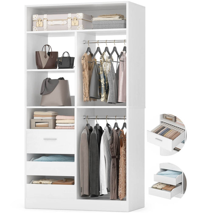 36'' Walk in Closet System with 3 Drawers, Hanging Rod & Storage Shelves, for Bedroom & Closets