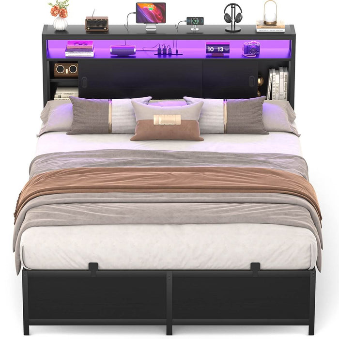 Full Size Bed Frame - Storage Headboard with Sliding Doors, Power Outlets & LED Lights