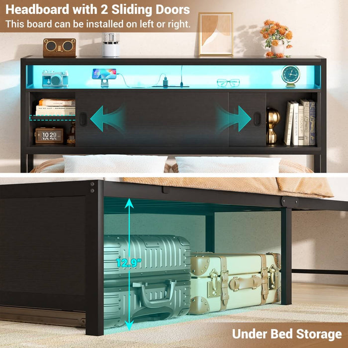 Full Size Bed Frame - Storage Headboard with Sliding Doors, Power Outlets & LED Lights