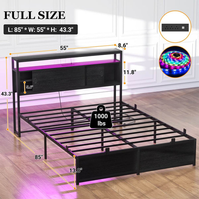 Full Size Bed Frame - Storage Headboard with Sliding Doors, Power Outlets & LED Lights