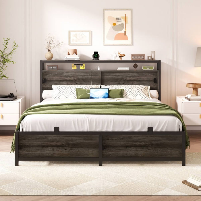 Full Size Bed Frame - Storage Headboard with Sliding Doors, Power Outlets & LED Lights