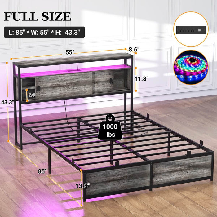 Full Size Bed Frame - Storage Headboard with Sliding Doors, Power Outlets & LED Lights