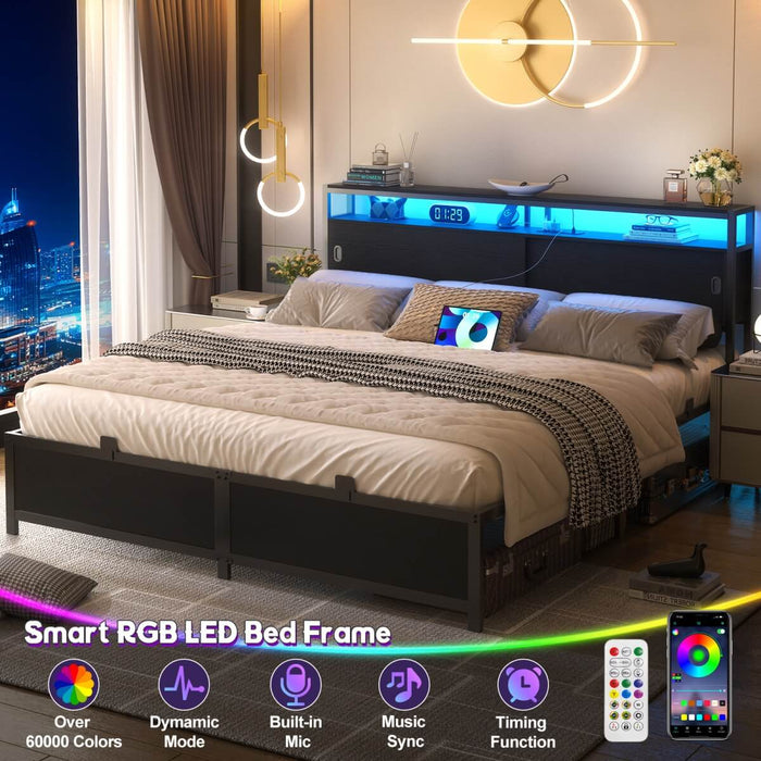 King Size Bed Frame - Storage Headboard with Sliding Doors, Power Outlets & LED Lights
