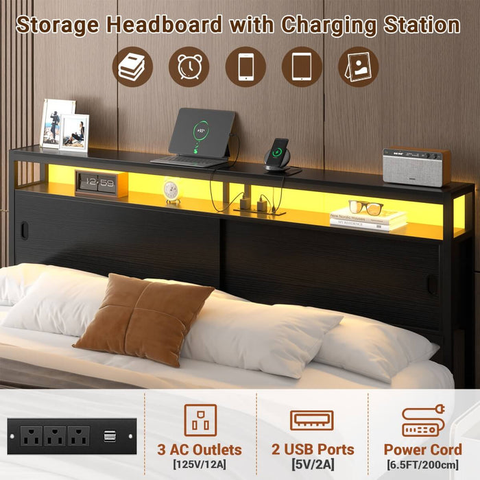 King Size Bed Frame - Storage Headboard with Sliding Doors, Power Outlets & LED Lights