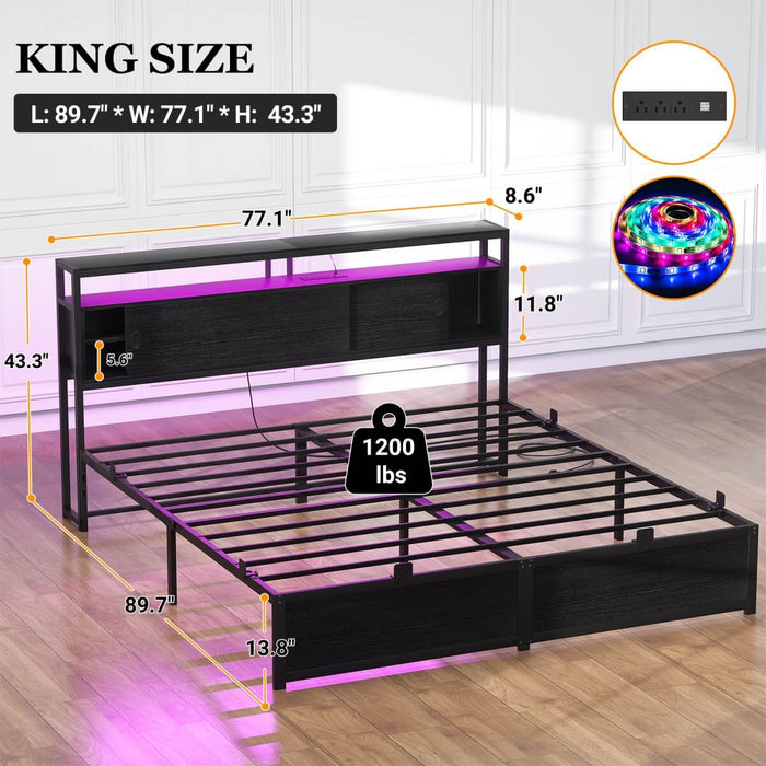 King Size Bed Frame - Storage Headboard with Sliding Doors, Power Outlets & LED Lights