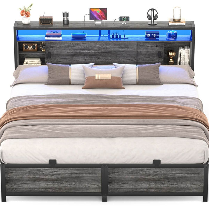 King Size Bed Frame - Storage Headboard with Sliding Doors, Power Outlets & LED Lights