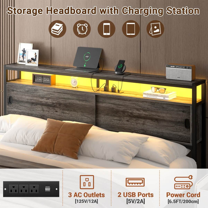 King Size Bed Frame - Storage Headboard with Sliding Doors, Power Outlets & LED Lights