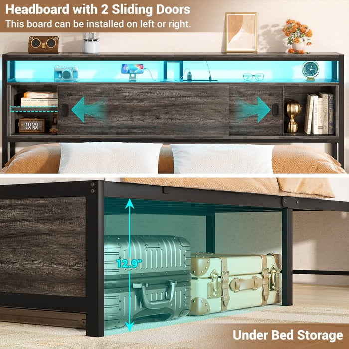 King Size Bed Frame - Storage Headboard with Sliding Doors, Power Outlets & LED Lights