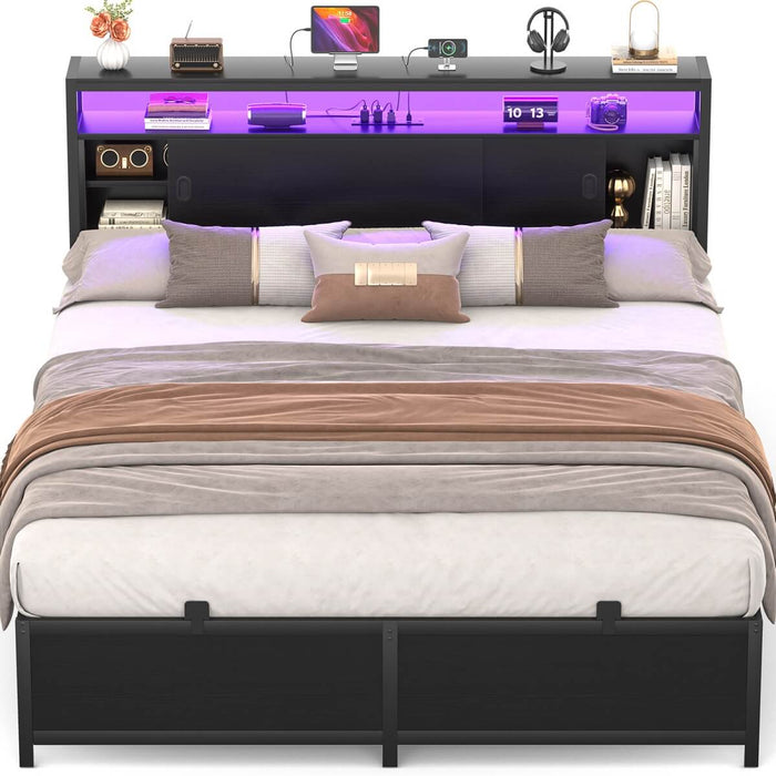 Queen Size Bed Frame - Storage Headboard with Sliding Doors, Power Outlets & LED Lights