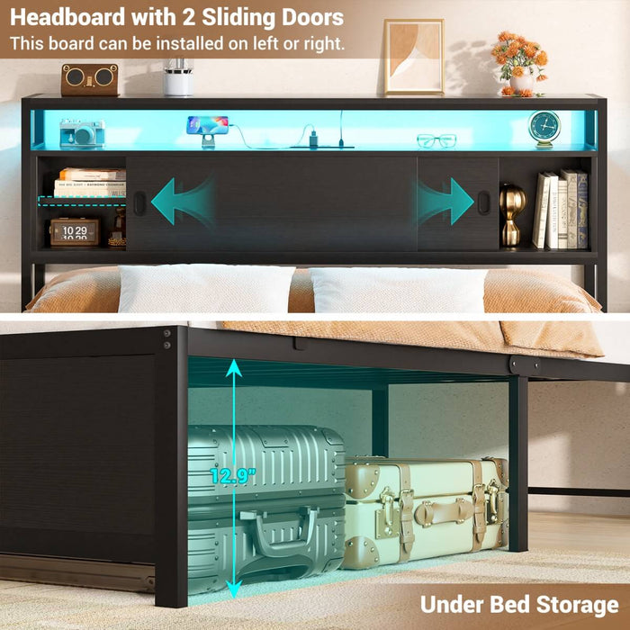 Queen Size Bed Frame - Storage Headboard with Sliding Doors, Power Outlets & LED Lights