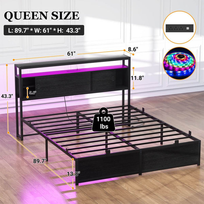 Queen Size Bed Frame - Storage Headboard with Sliding Doors, Power Outlets & LED Lights