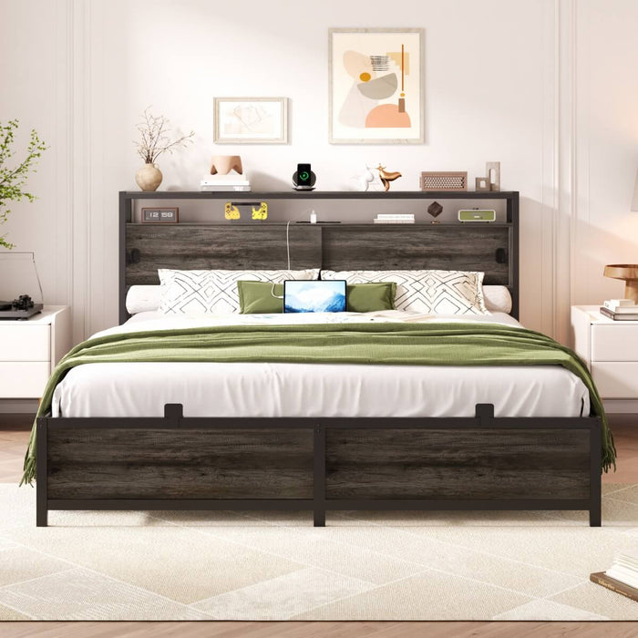 Queen Size Bed Frame - Storage Headboard with Sliding Doors, Power Outlets & LED Lights