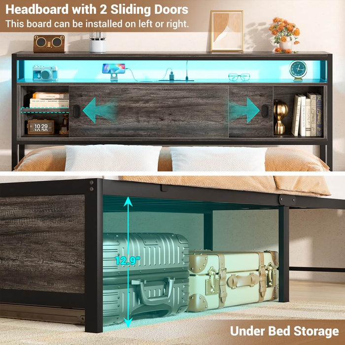 Queen Size Bed Frame - Storage Headboard with Sliding Doors, Power Outlets & LED Lights