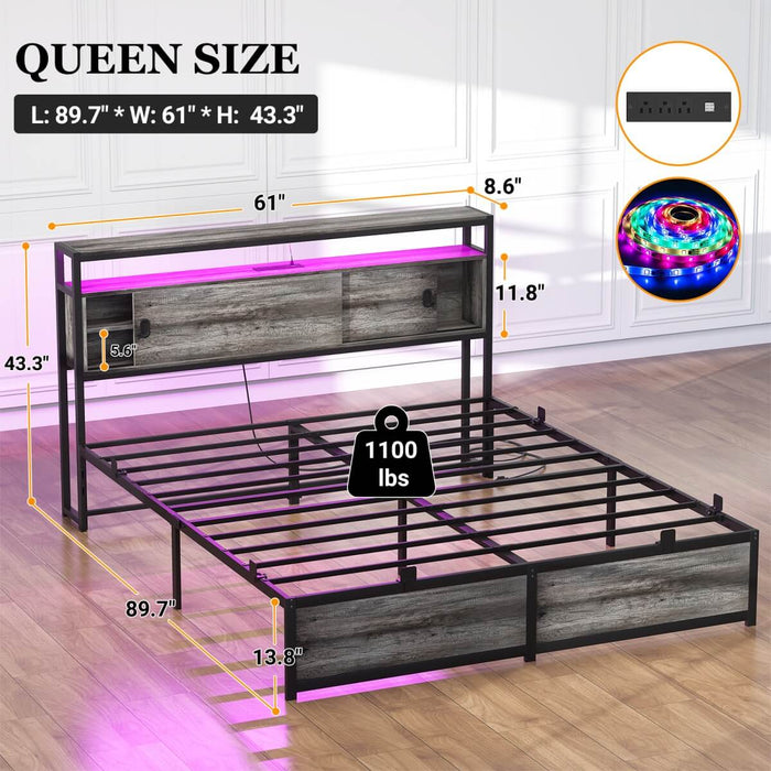 Queen Size Bed Frame - Storage Headboard with Sliding Doors, Power Outlets & LED Lights