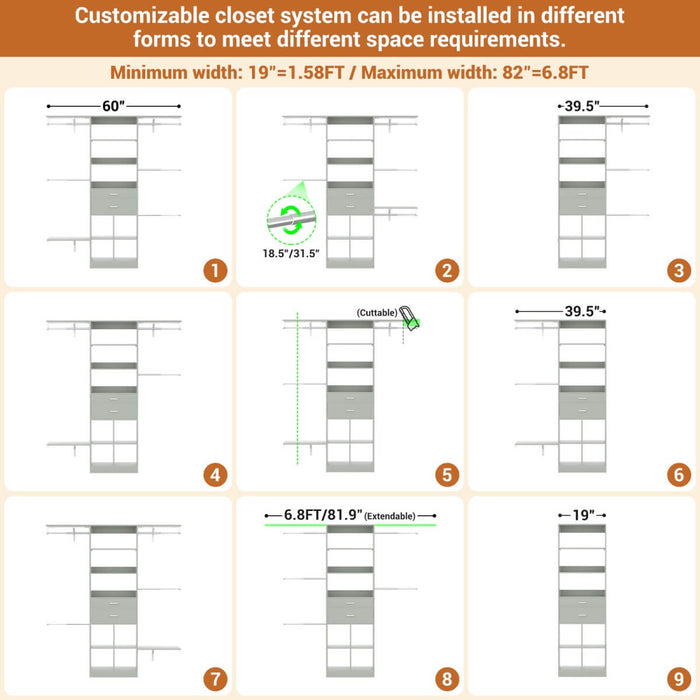 5FT Closet Organizer System with Wooden Drawers