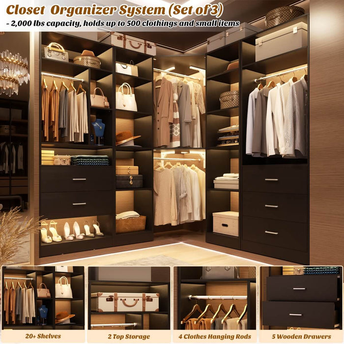 63.2'' Walk-in Freestanding Closet System with 3 Sets, with 5 Drawers & 4 Hanging Rods